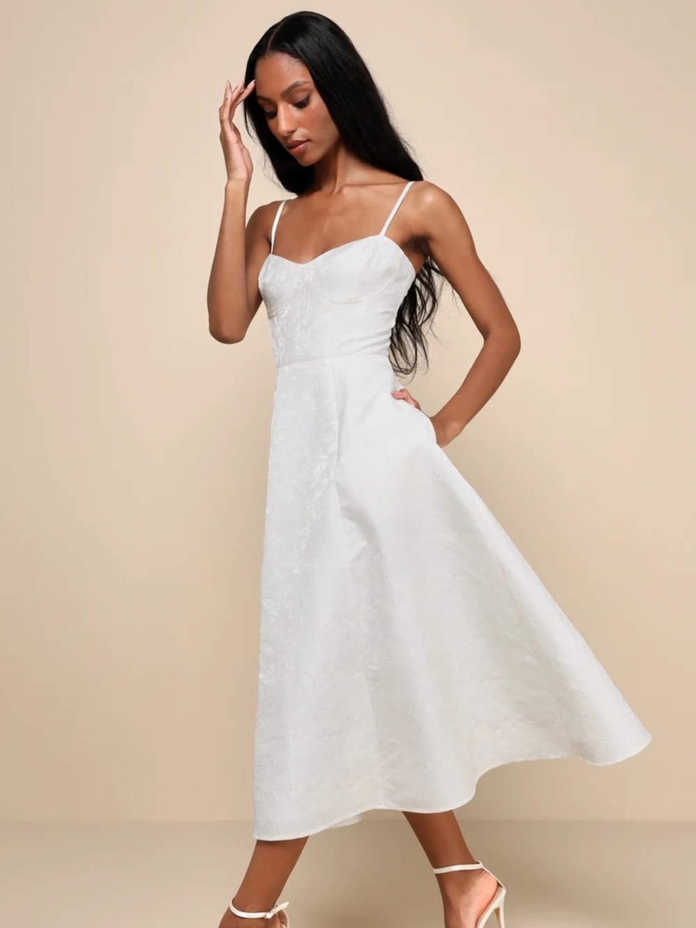 Lulus Meet for Tea White Jacquard Bustier Midi Dress With Pockets